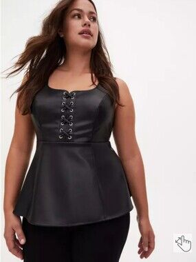 Torrid Black Faux Leather Lace-Up Peplum Tank